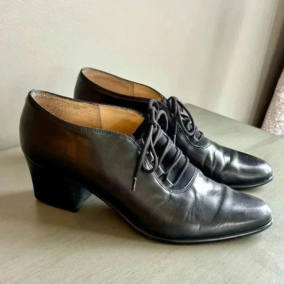 Jennifer Moore Leather Pointed Toe Lace Up Black Block Heels Women Size 9 Brazil - Picture 3 of 14